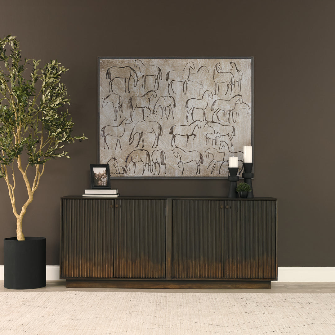Cinder Distressed Dark Brown Wood Reeded 4-Door Closed Sideboard