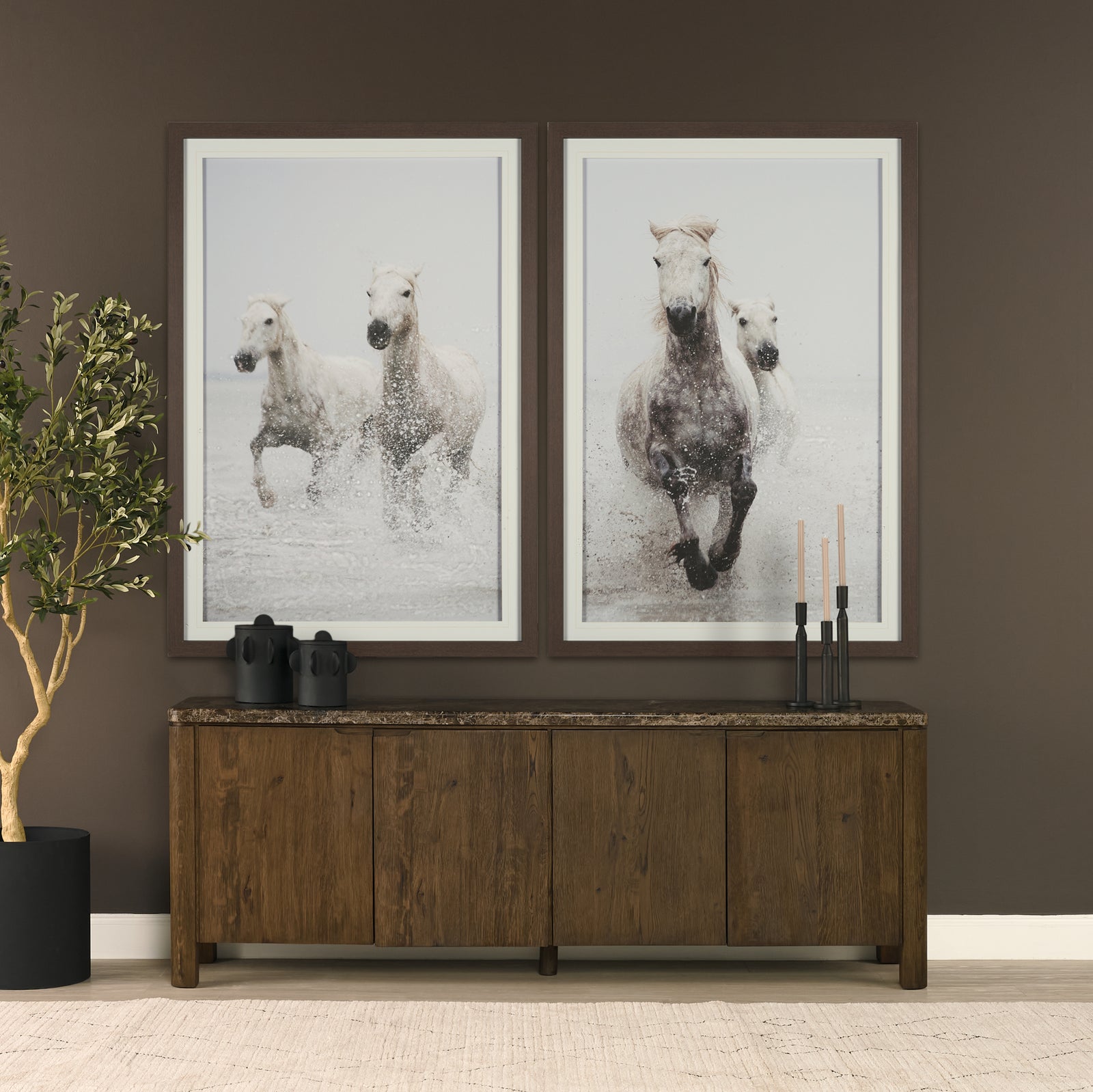 Kendrix Dark Brown Oak Wood Cappuccino Marble 4 Door Closed Sideboard