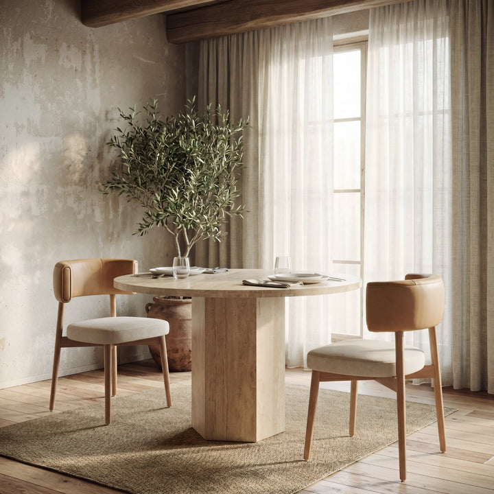 Motley Curved Open Back Cream Fabric and Tan Leather Dining Chair