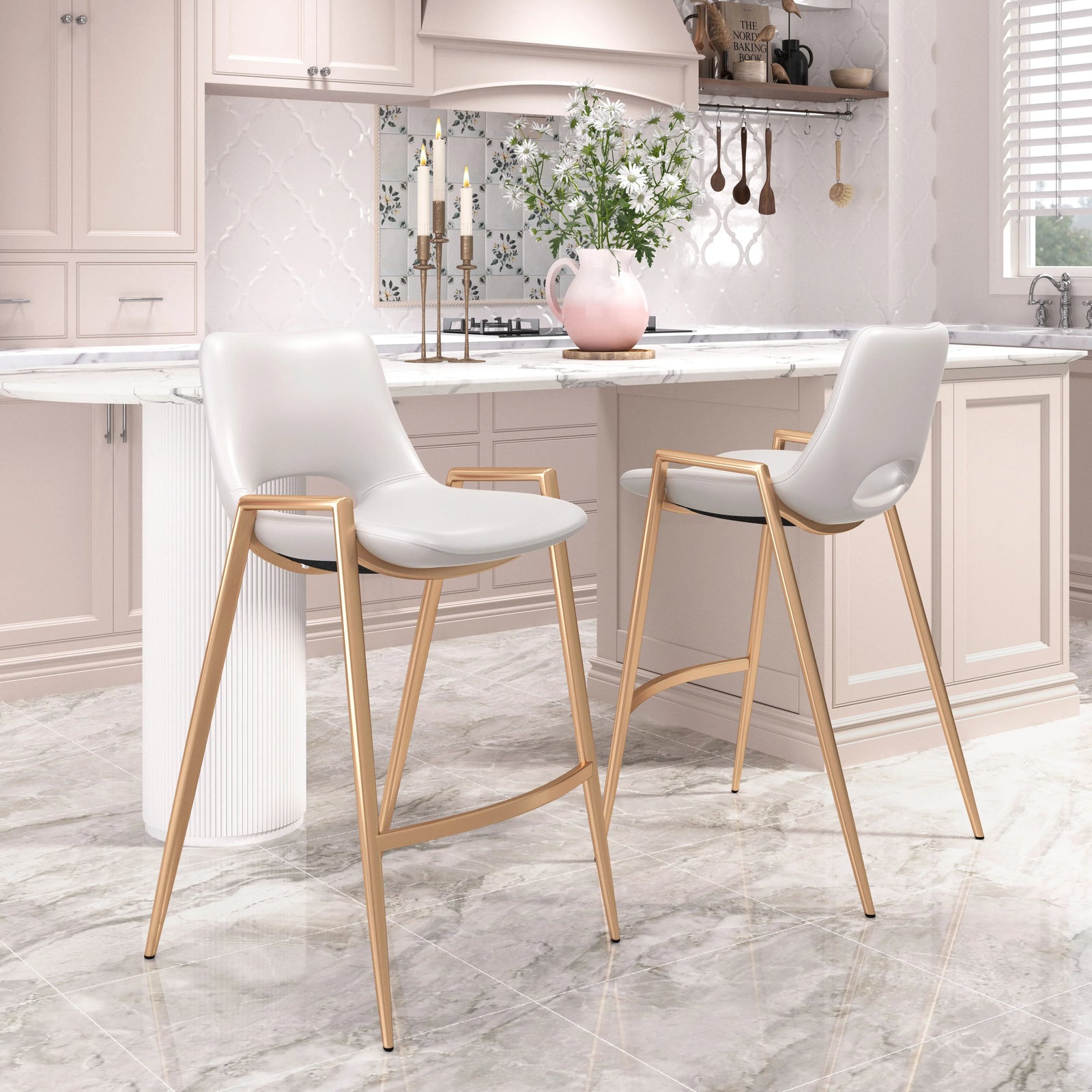 Zuo Desi Counter Stool (Set of 2) White & Gold BAR STOOLS + COUNTER STOOLS
