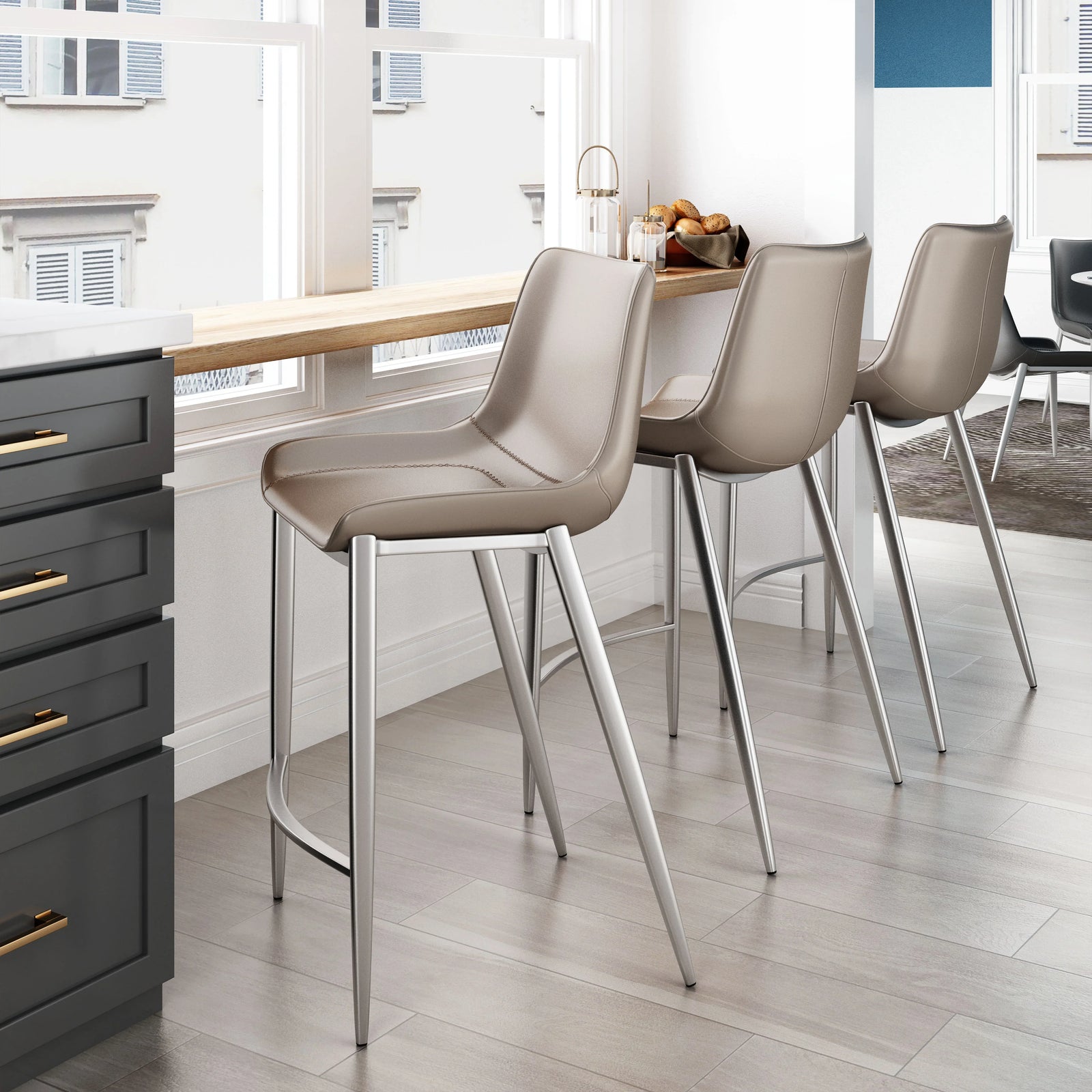 Zuo Magnus Counter Stool (Set of 2) Brown & Silver BAR STOOLS + COUNTER STOOLS
