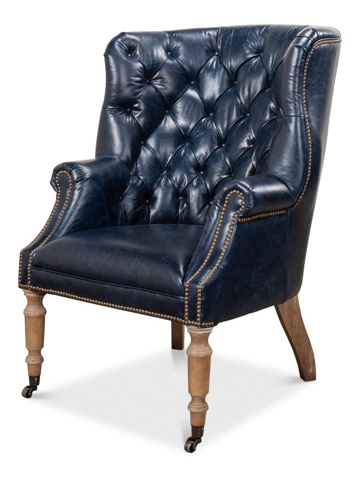 Sarreid Welsh Blue Leather Chair ACCENT + LOUNGE CHAIRS