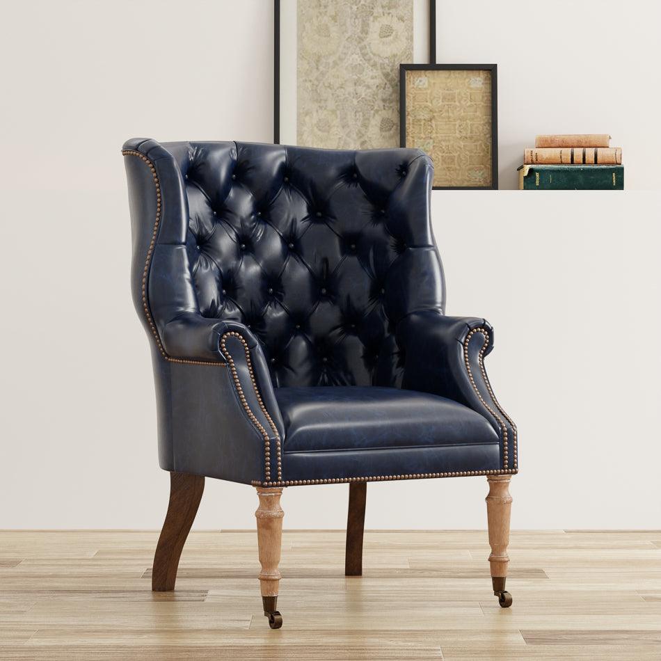 Sarreid Welsh Blue Leather Chair ACCENT + LOUNGE CHAIRS