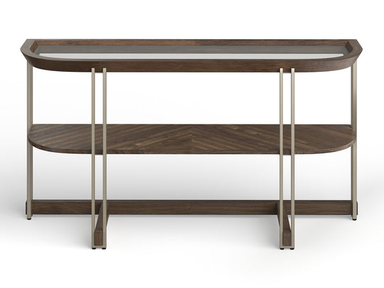 Elora Walnut And Tarnished Silver And Clear Glass Demilune Sofa Table - T5639-75