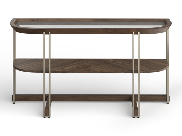 Elora Walnut And Tarnished Silver And Clear Glass Demilune Sofa Table - T5639-75