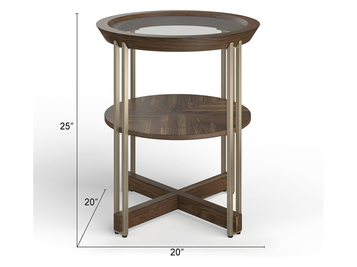 Elora Walnut And Tarnished Silver And Clear Glass Round End Table - T5639-05