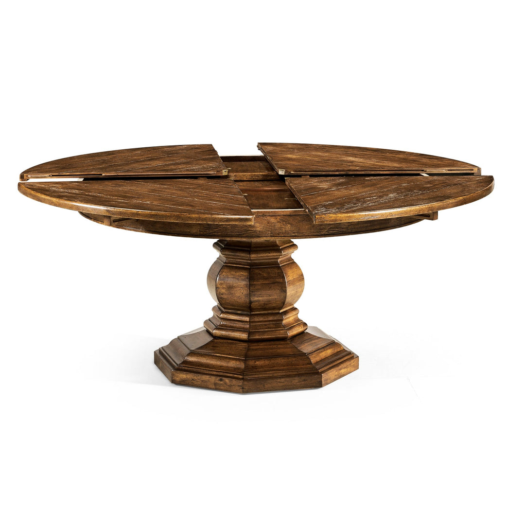 Casual Accents Country Walnut Round Extendable Dining Table 59" - Jonathan Charles - AmericanHomeFurniture