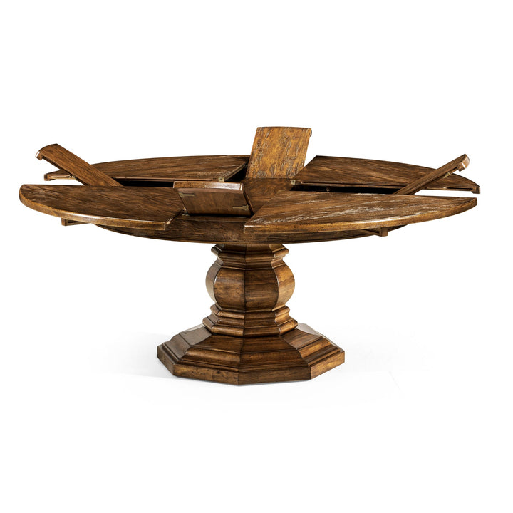 Casual Accents Country Walnut Round Extendable Dining Table 59" - Jonathan Charles - AmericanHomeFurniture