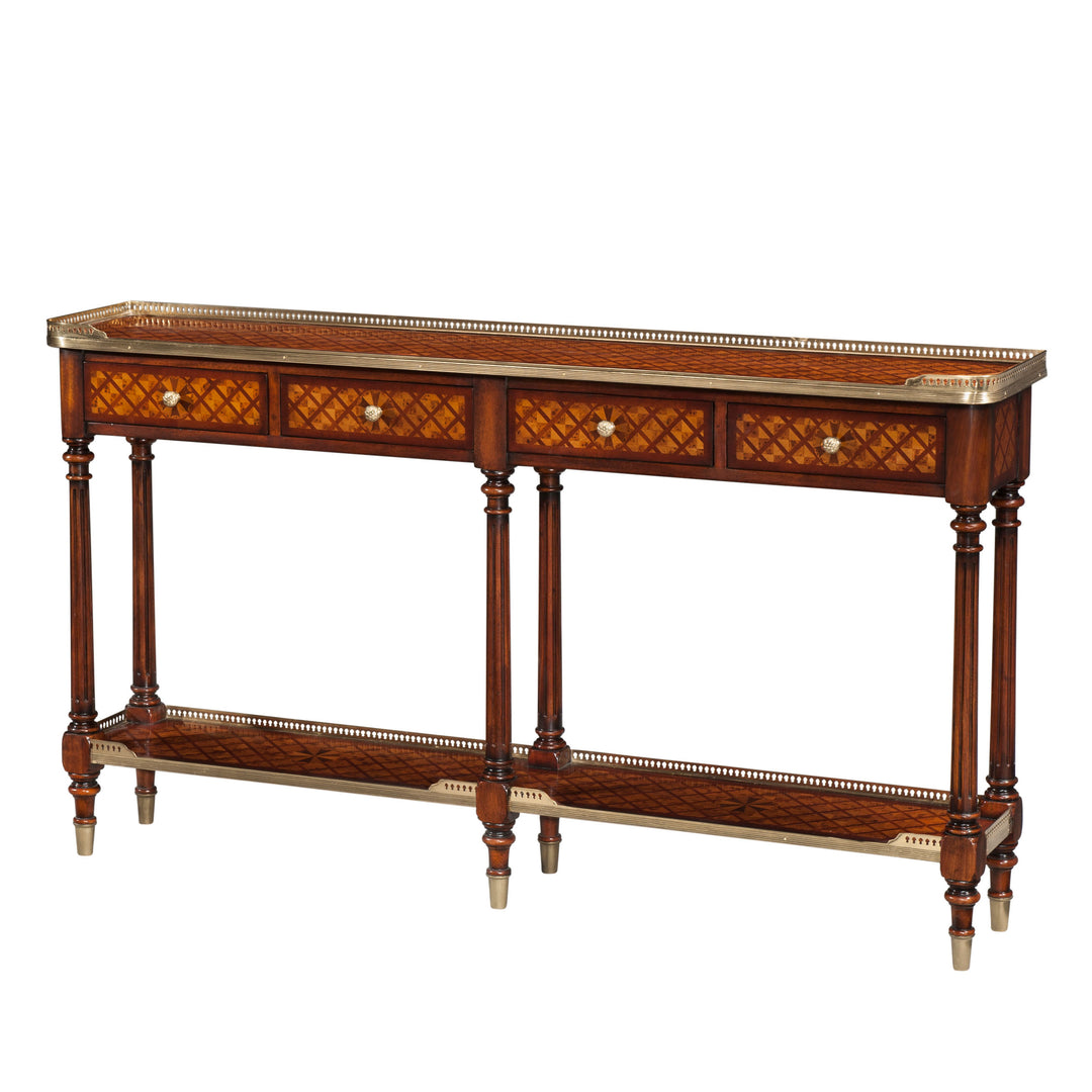 American Home Furniture | Theodore Alexander - Burl Lattice Parquetry, Brass Mounted Console Table