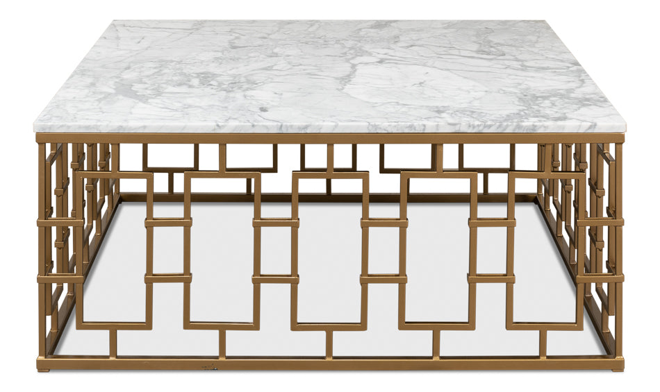 American Home Furniture | Sarreid - Brass Gate Cocktail Table W/ Wht Marble 