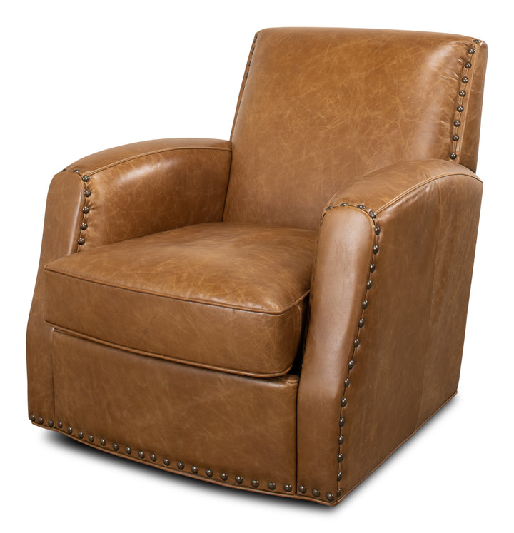 American Home Furniture | Sarreid - Taft Leather Swivel Chair - Cuba Brown