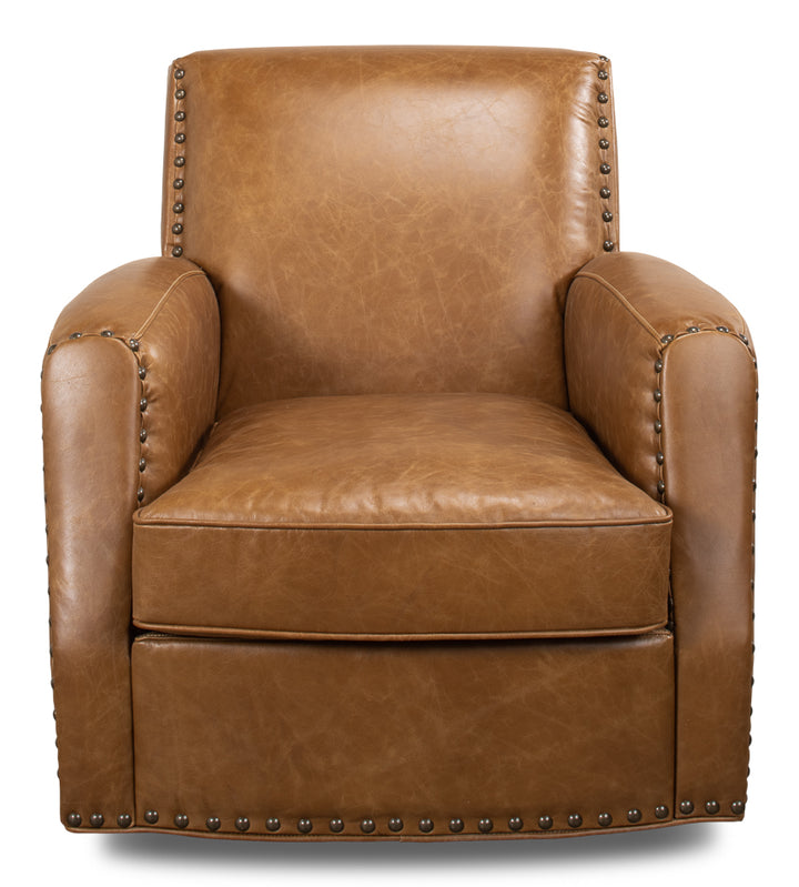 American Home Furniture | Sarreid - Taft Leather Swivel Chair - Cuba Brown