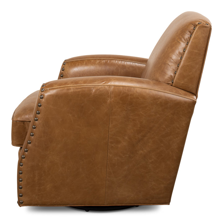 American Home Furniture | Sarreid - Taft Leather Swivel Chair - Cuba Brown