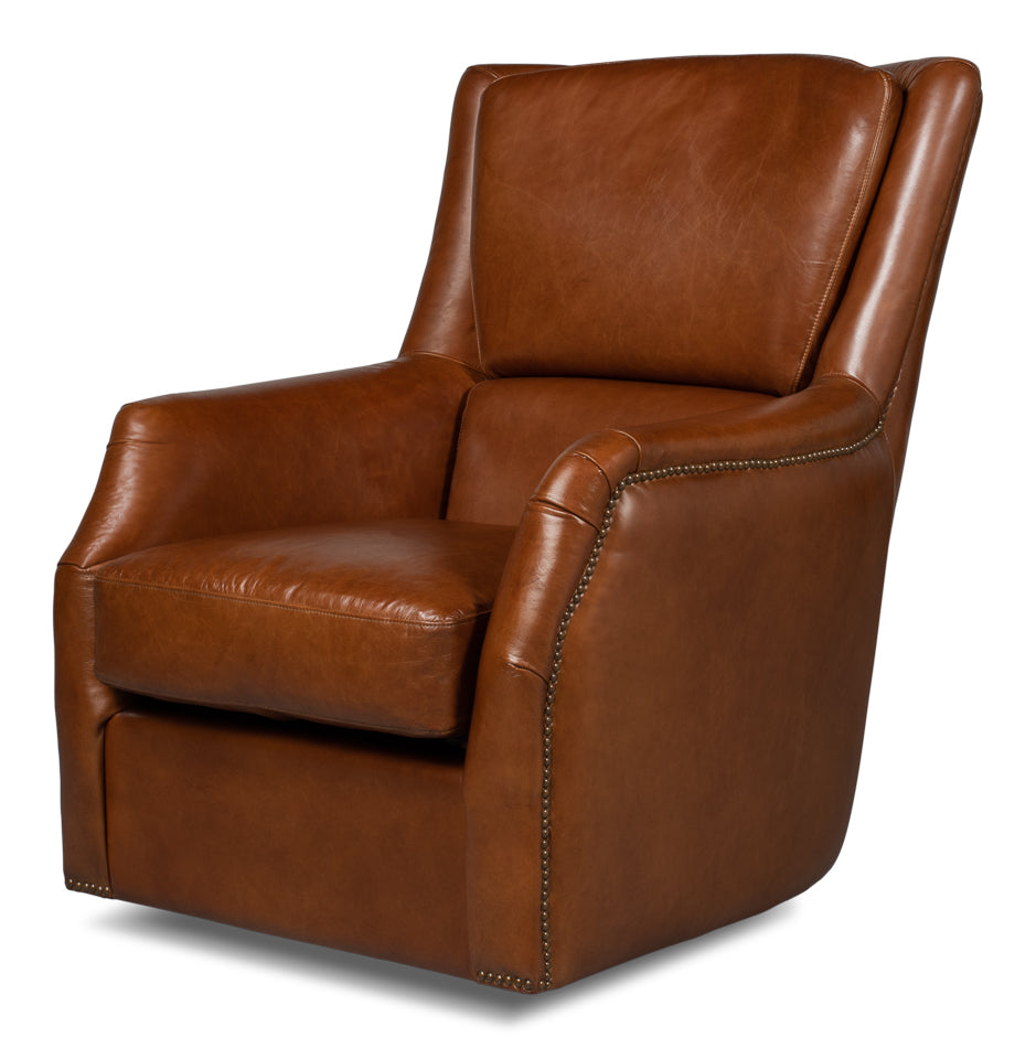 American Home Furniture | Sarreid - Baker Leather Swivel Chair Havana Lthr