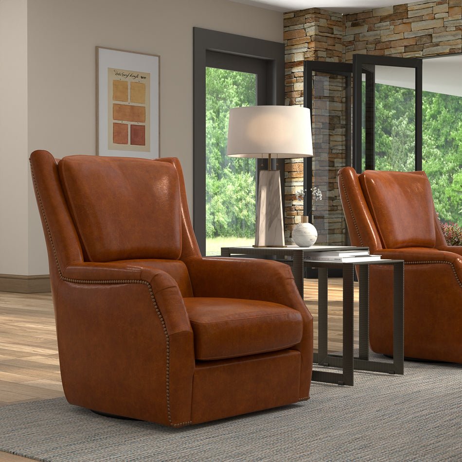 American Home Furniture | Sarreid - Baker Leather Swivel Chair Havana Lthr