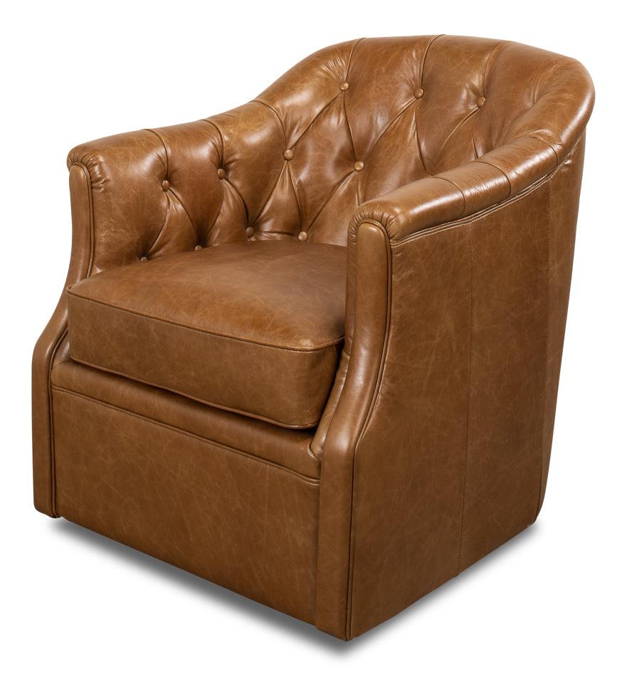 Sarreid Coolidge Leather Swivel Chair - Cuba Brn ACCENT + LOUNGE CHAIRS