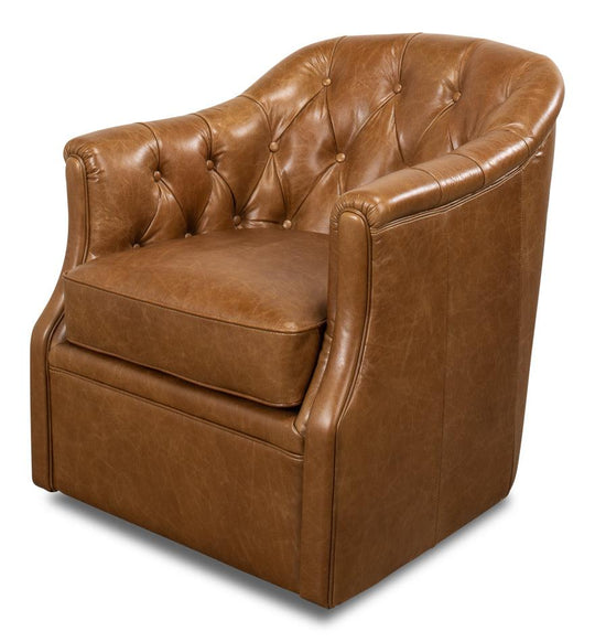 Sarreid Coolidge Leather Swivel Chair - Cuba Brn ACCENT + LOUNGE CHAIRS