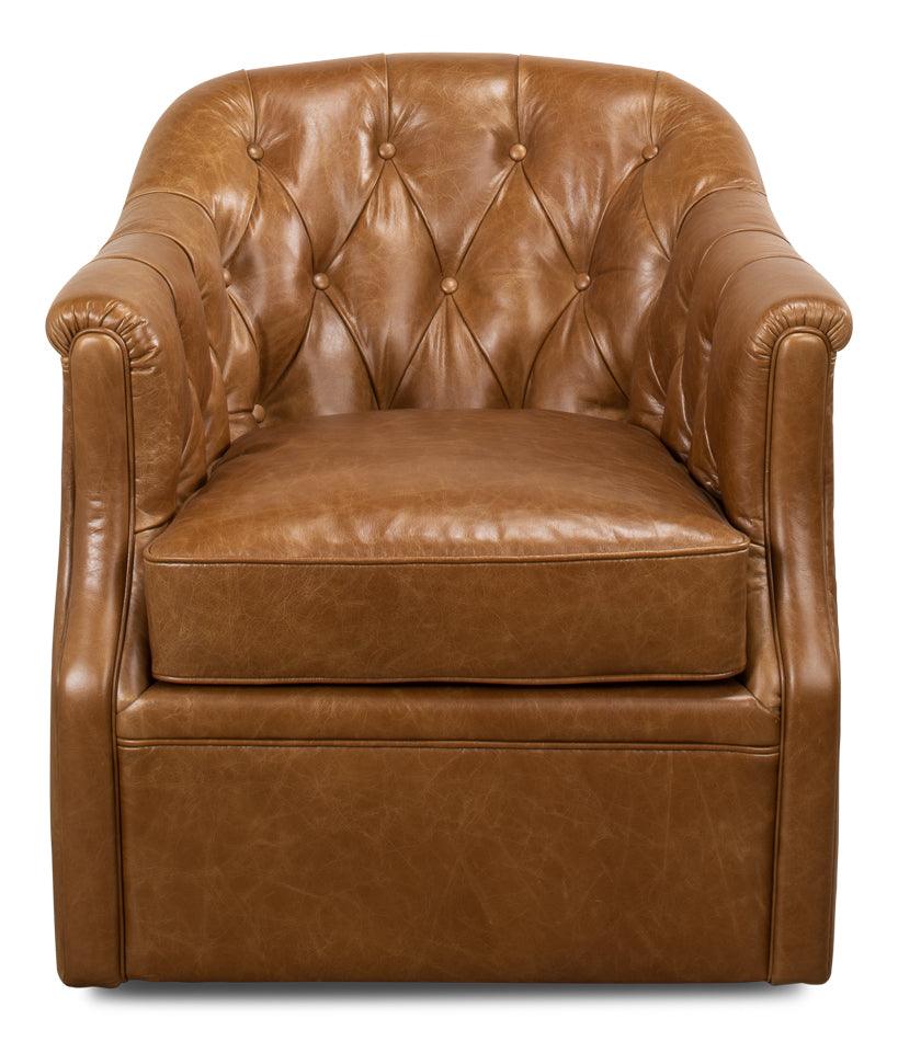 Sarreid Coolidge Leather Swivel Chair - Cuba Brn ACCENT + LOUNGE CHAIRS
