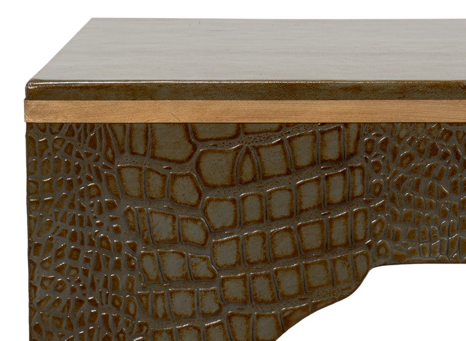 American Home Furniture | Sarreid - Croco Embossed Leather Stool - Ant. Green