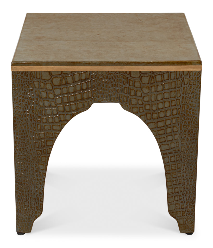 American Home Furniture | Sarreid - Croco Embossed Leather Stool - Ant. Green