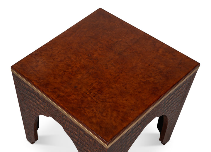 American Home Furniture | Sarreid - Croco Embossed Leather Stool Tan Tessoro