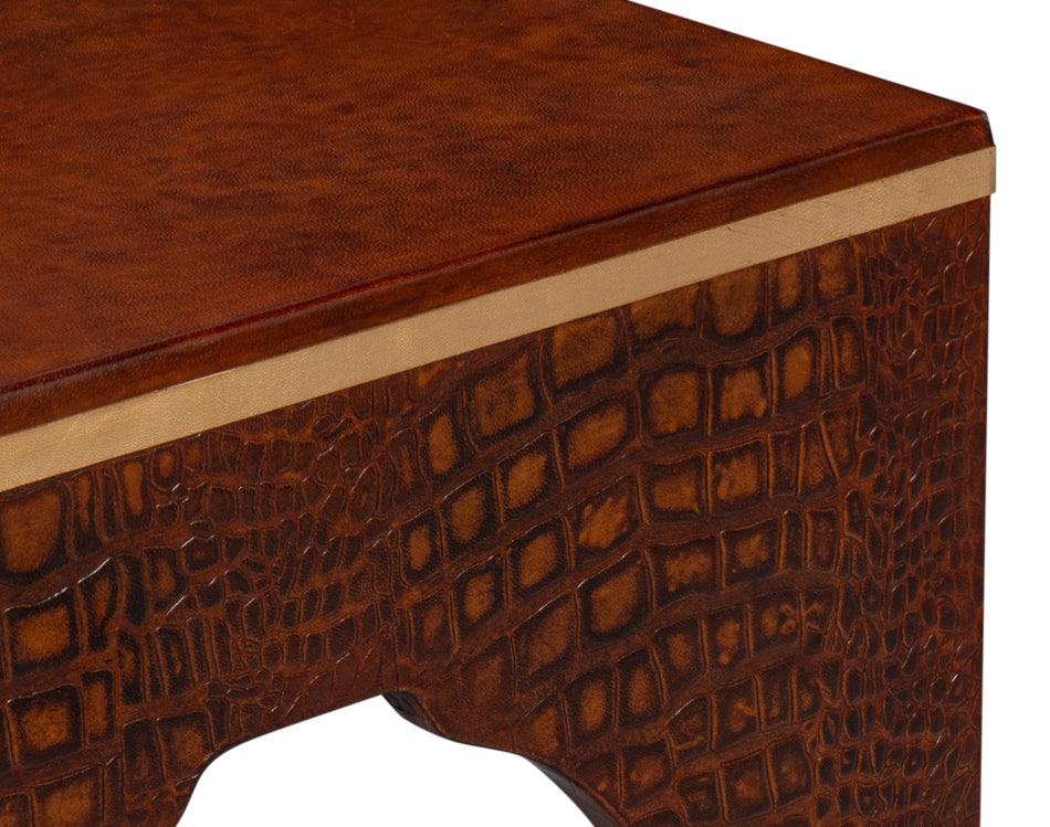 American Home Furniture | Sarreid - Croco Embossed Leather Stool Tan Tessoro