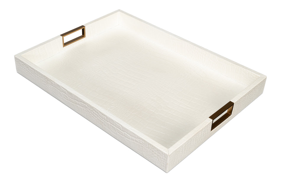 American Home Furniture | Sarreid - Norton Leather Tray Croco Leather - Pearl