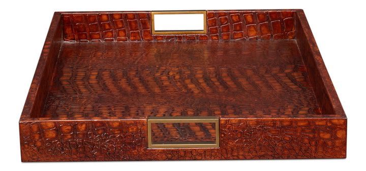 American Home Furniture | Sarreid - Norton Leather Tray - Croco Leather - Tan 