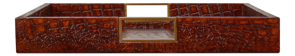 American Home Furniture | Sarreid - Norton Leather Tray - Croco Leather - Tan 