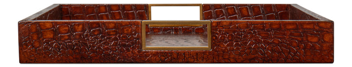 American Home Furniture | Sarreid - Norton Leather Tray - Croco Leather - Tan 