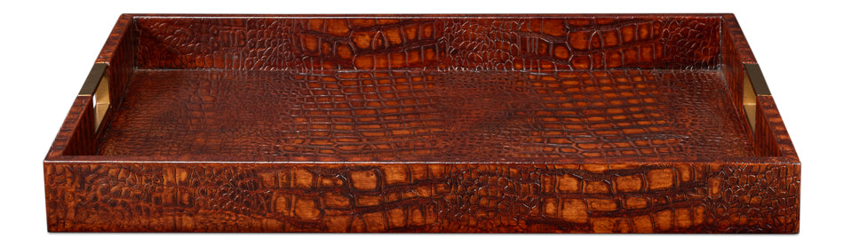 American Home Furniture | Sarreid - Norton Leather Tray - Croco Leather - Tan 