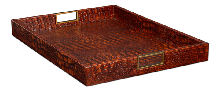 American Home Furniture | Sarreid - Norton Leather Tray - Croco Leather - Tan 