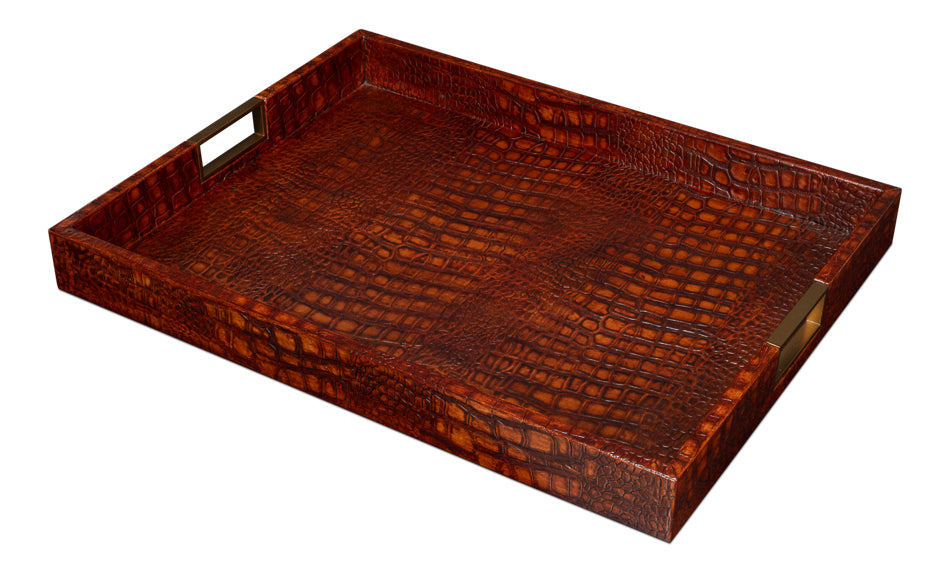 American Home Furniture | Sarreid - Norton Leather Tray - Croco Leather - Tan 