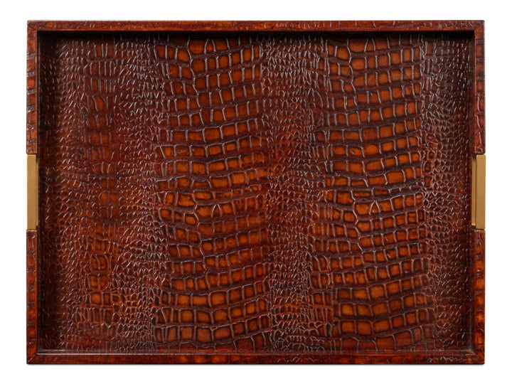 American Home Furniture | Sarreid - Norton Leather Tray - Croco Leather - Tan 