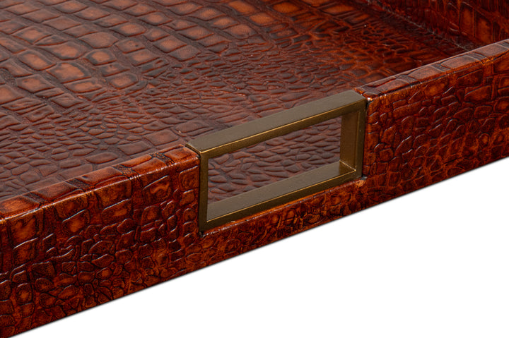 American Home Furniture | Sarreid - Norton Leather Tray - Croco Leather - Tan 