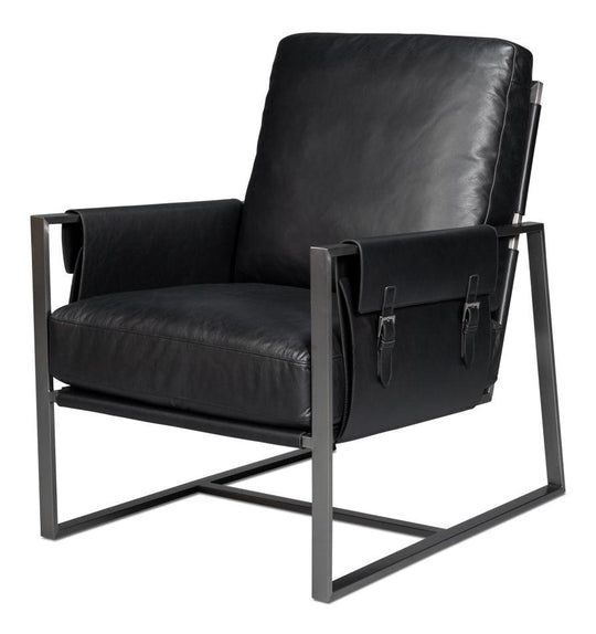 Sarreid Edmonds Distilled Leather Chair Onyx Blk ACCENT + LOUNGE CHAIRS