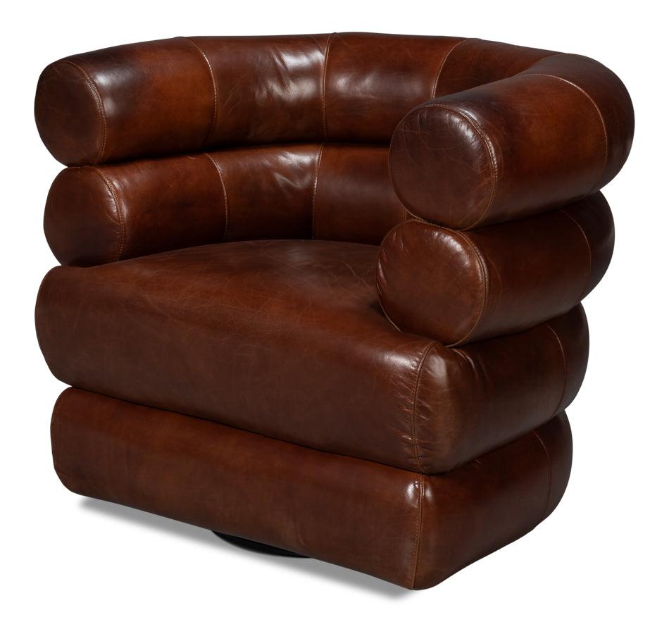 Sarreid Rondo Leather Swivel Chair Brown ACCENT + LOUNGE CHAIRS