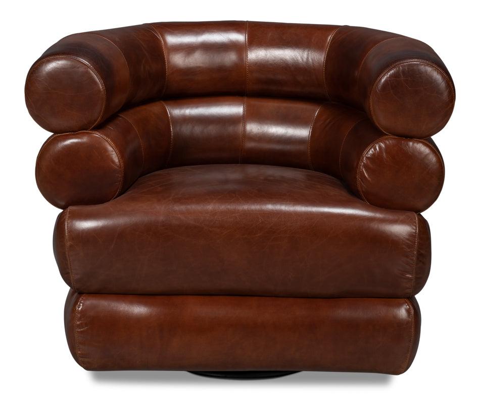 Sarreid Rondo Leather Swivel Chair Brown ACCENT + LOUNGE CHAIRS