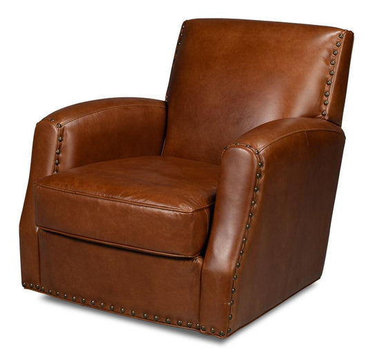 Sarreid Taft Leather Swivel Chair - Havana Brown ACCENT + LOUNGE CHAIRS