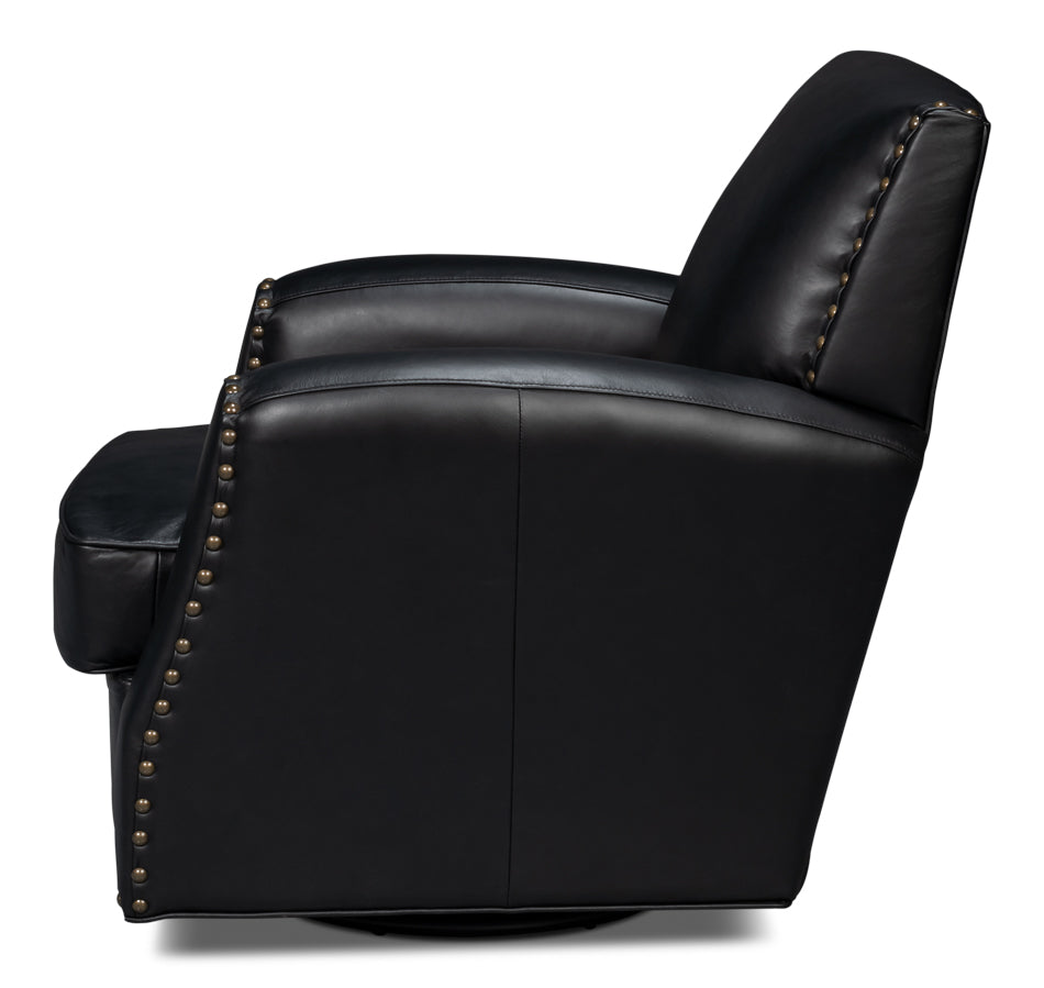 American Home Furniture | Sarreid - Taft Leather Swivel Chair - Onyx Black