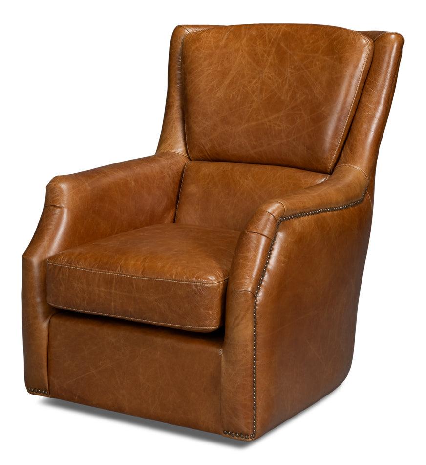 Sarreid Baker Leather Swivel Chair - Cuba Brown ACCENT + LOUNGE CHAIRS