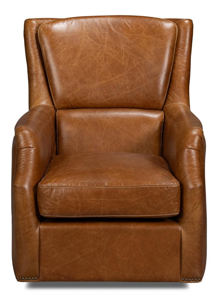 Sarreid Baker Leather Swivel Chair - Cuba Brown ACCENT + LOUNGE CHAIRS