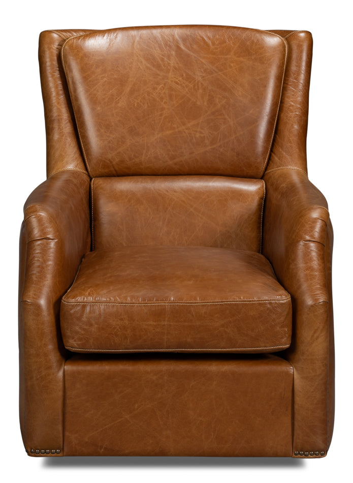 American Home Furniture | Sarreid - Baker Leather Swivel Chair - Cuba Brown