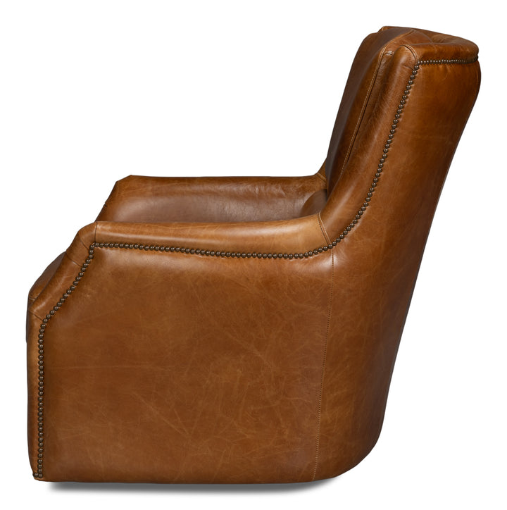 American Home Furniture | Sarreid - Baker Leather Swivel Chair - Cuba Brown