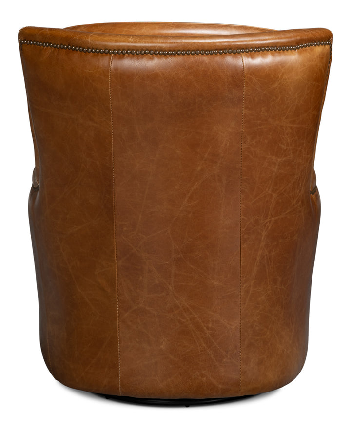 American Home Furniture | Sarreid - Baker Leather Swivel Chair - Cuba Brown