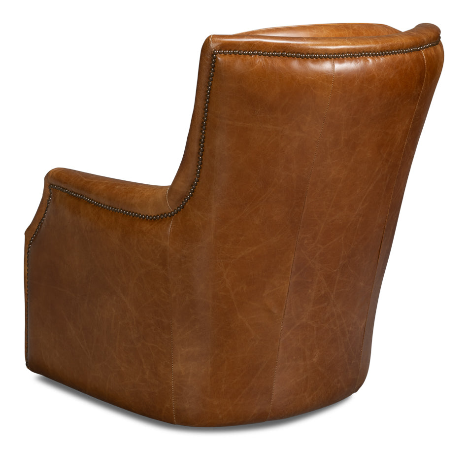 American Home Furniture | Sarreid - Baker Leather Swivel Chair - Cuba Brown