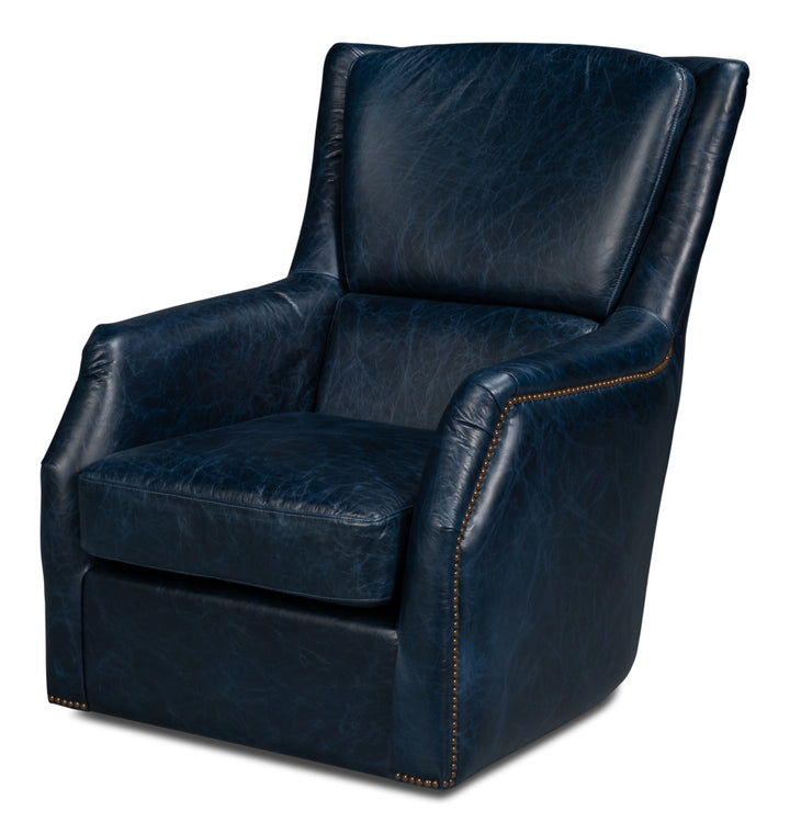 American Home Furniture | Sarreid - Baker Leather Swivel Chair - Chateau Blue