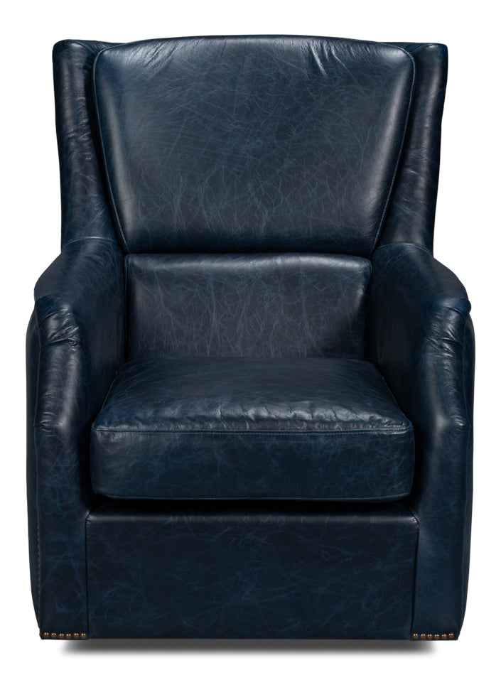 American Home Furniture | Sarreid - Baker Leather Swivel Chair - Chateau Blue