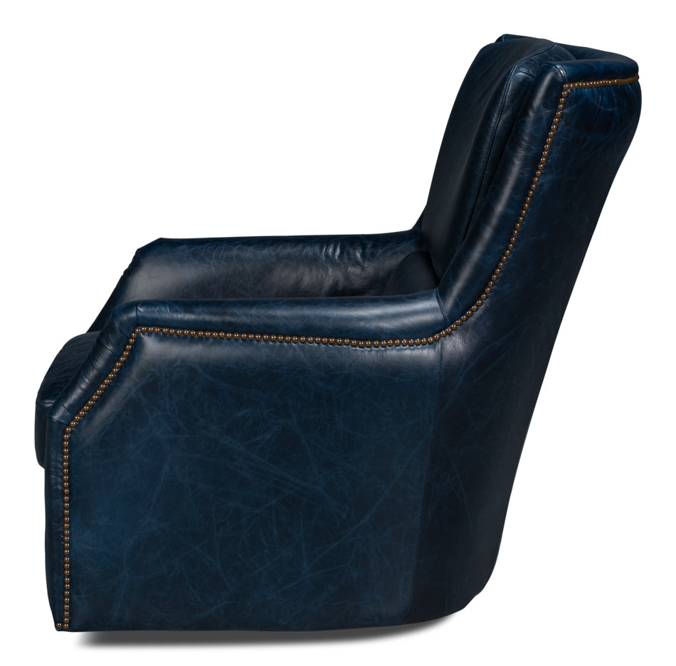 American Home Furniture | Sarreid - Baker Leather Swivel Chair - Chateau Blue