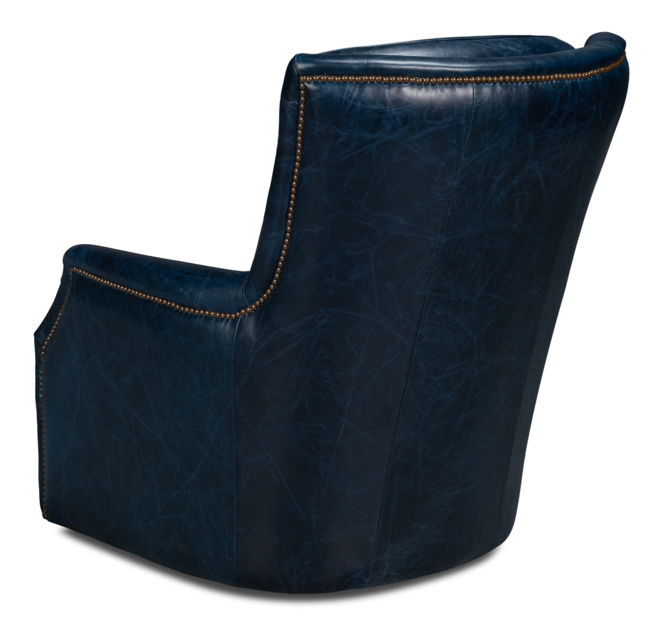 American Home Furniture | Sarreid - Baker Leather Swivel Chair - Chateau Blue